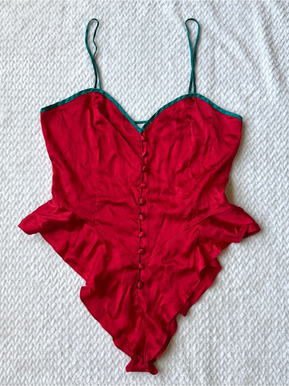 VTG 100% Silk Teddy Romper Bodysuit Lingerie M Red Coquette Button Down Pinup